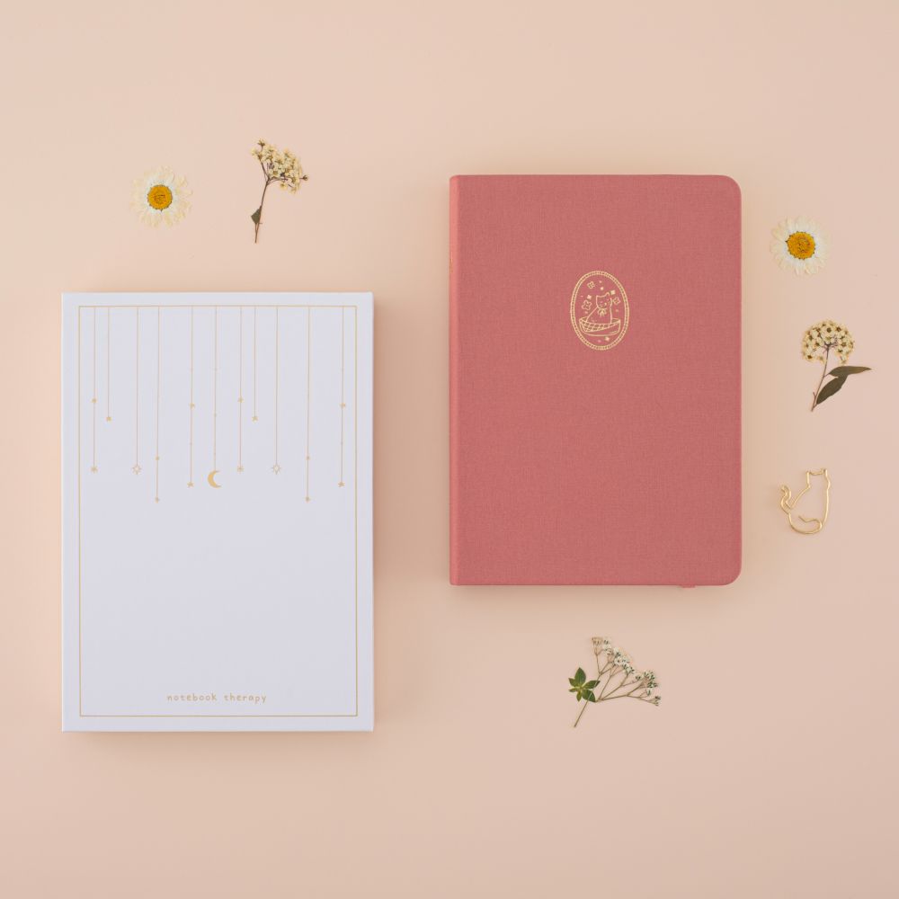 Flatlay of tsuki neko neko pink cat bullet journal with the recyclable gift box