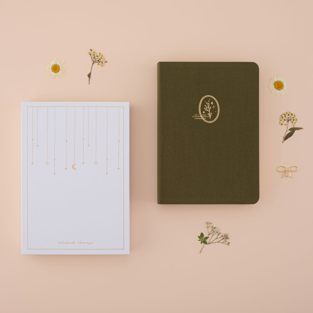 Flatlay of tsuki mori green bullet journal with the recyclable gift box