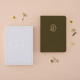 Flatlay of tsuki mori green bullet journal with the recyclable gift box