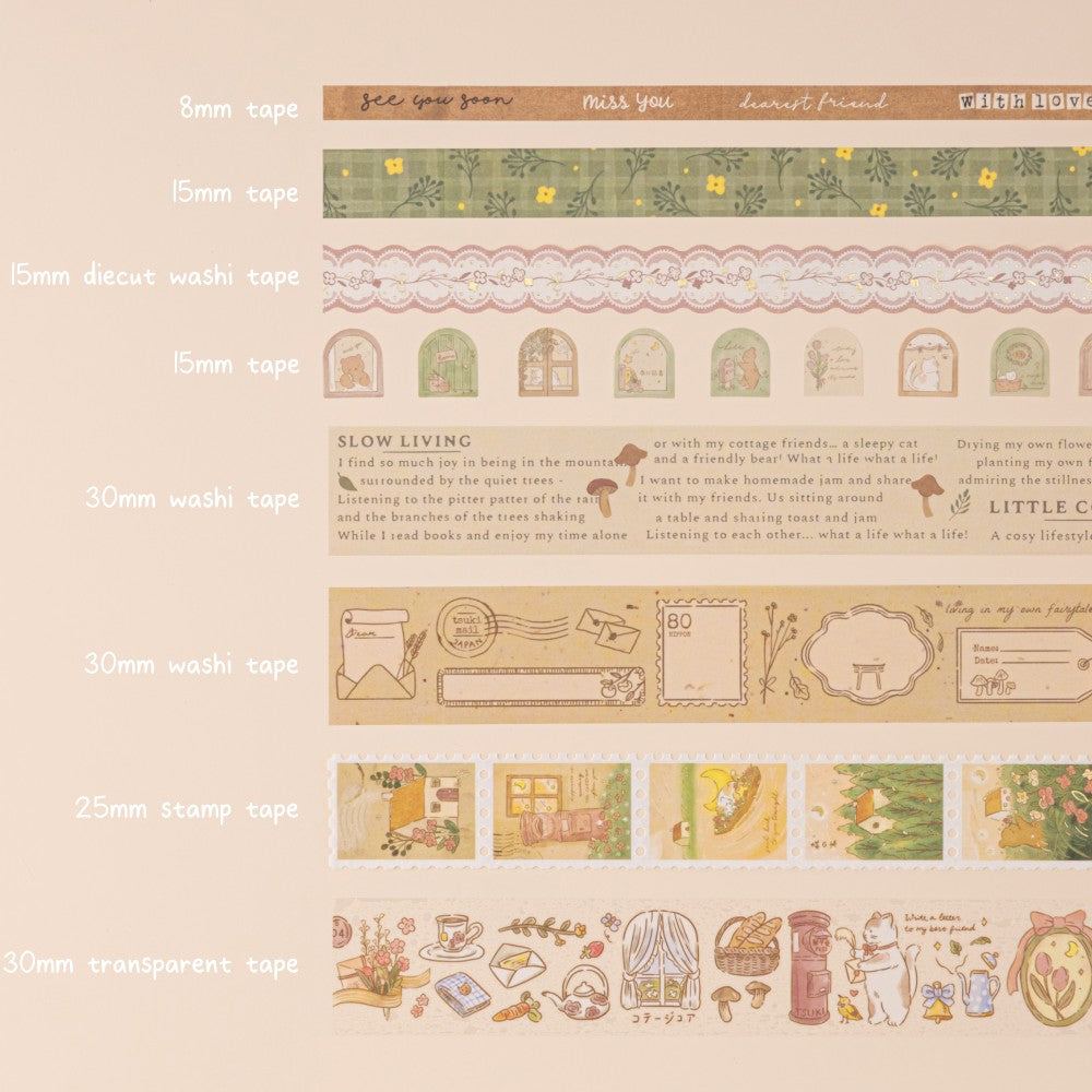 Cottagecore aesthetic tapes swatched with details of dimensions