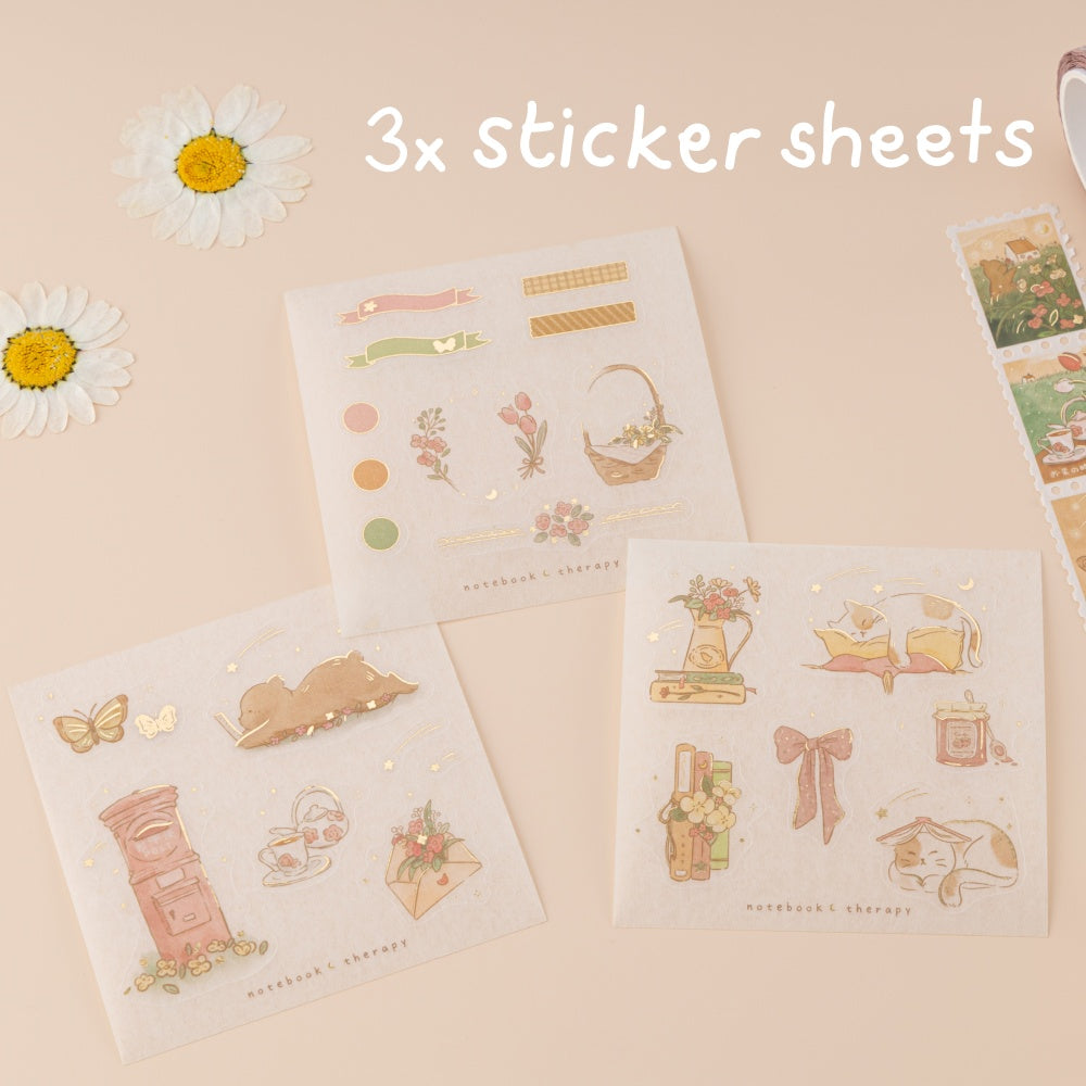 3x cotttagecore washi tape sticker sheets with gold details