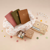 Cottage Friends collection with notebooks in basket and washi tapes, stamps and wax seals