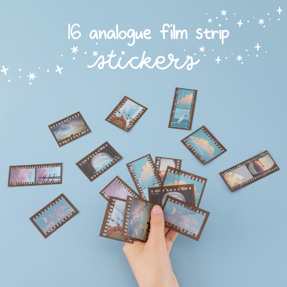 16 analogue film strip stickers with hand holding some of them