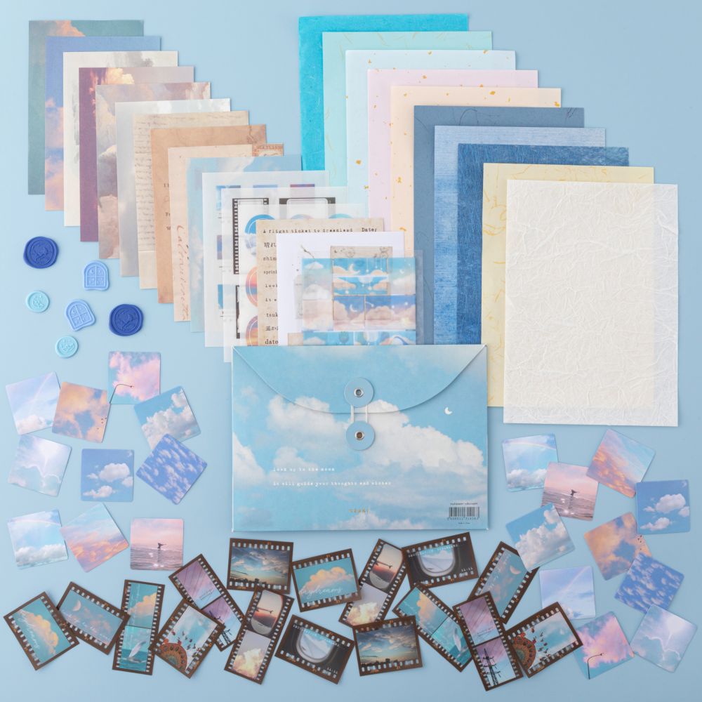Tsuki ‘Cloud Dreamland’ Scrapbooking Set flatlay on pink background