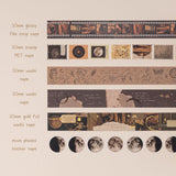 6 washi tapes dark academia style including glossy film strip tape, stamp PET tape, kraft paper washi tape, brown washi tape, gold foil washi tape and moon phases sticker tape