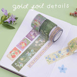 Tsuki ‘Enchanted Garden’ Washi Tape Set swatch on dotted bullet journal on sage green background with purple flower decoration with text ‘gold foil details’