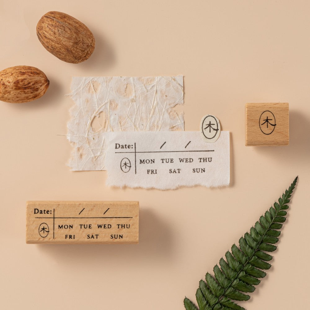 Functional stamp with date and days of the week and Hinoki logo