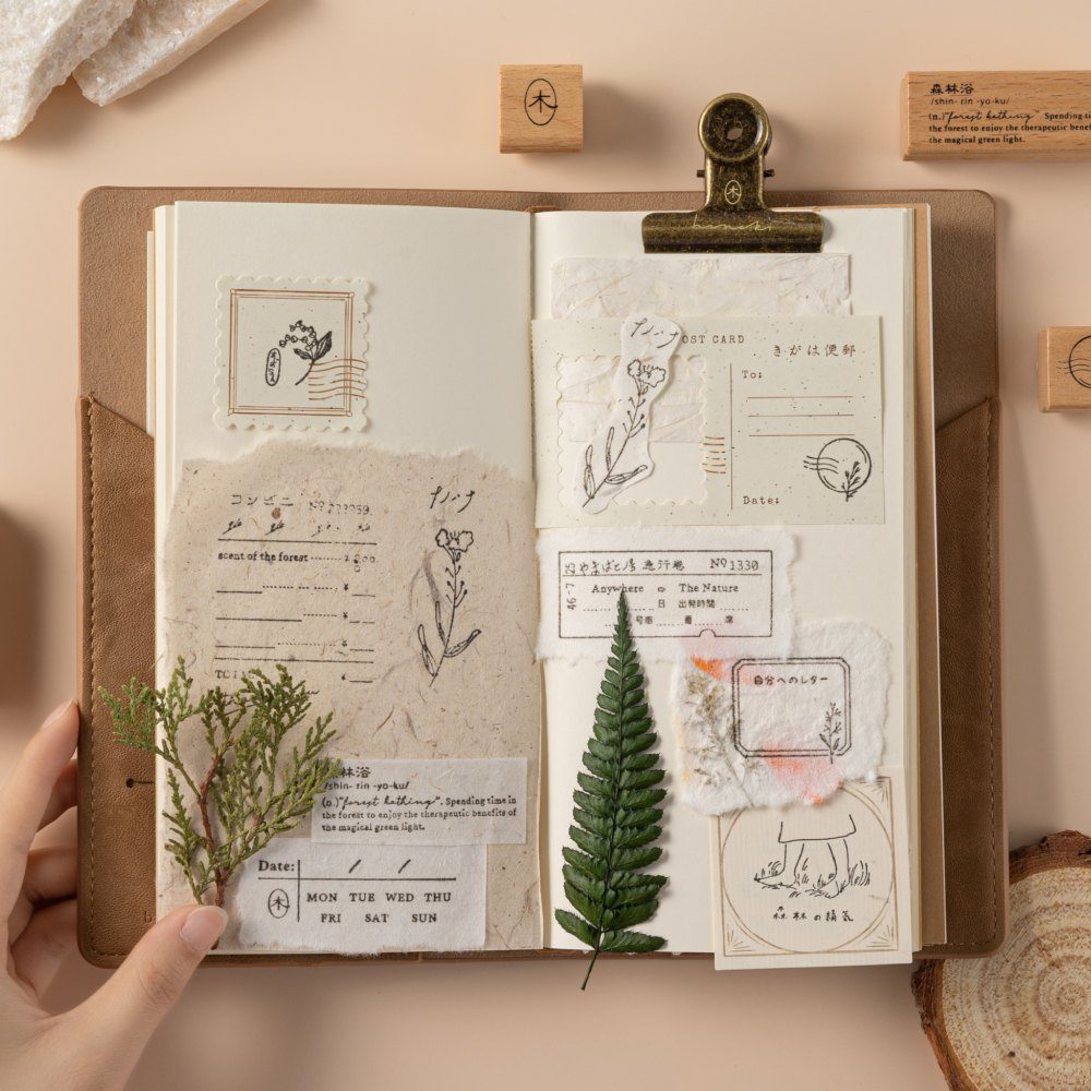 Stamps and scrapbook paper on travel notebook with hand holding the page open