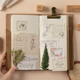 Stamps and scrapbook paper on travel notebook with hand holding the page open