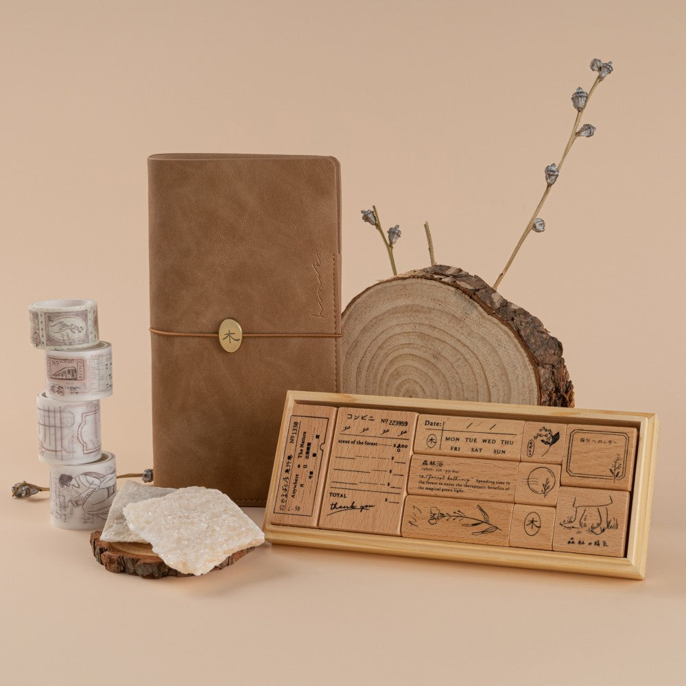 Styled photo of travel notebook, washi tapes and stamp set