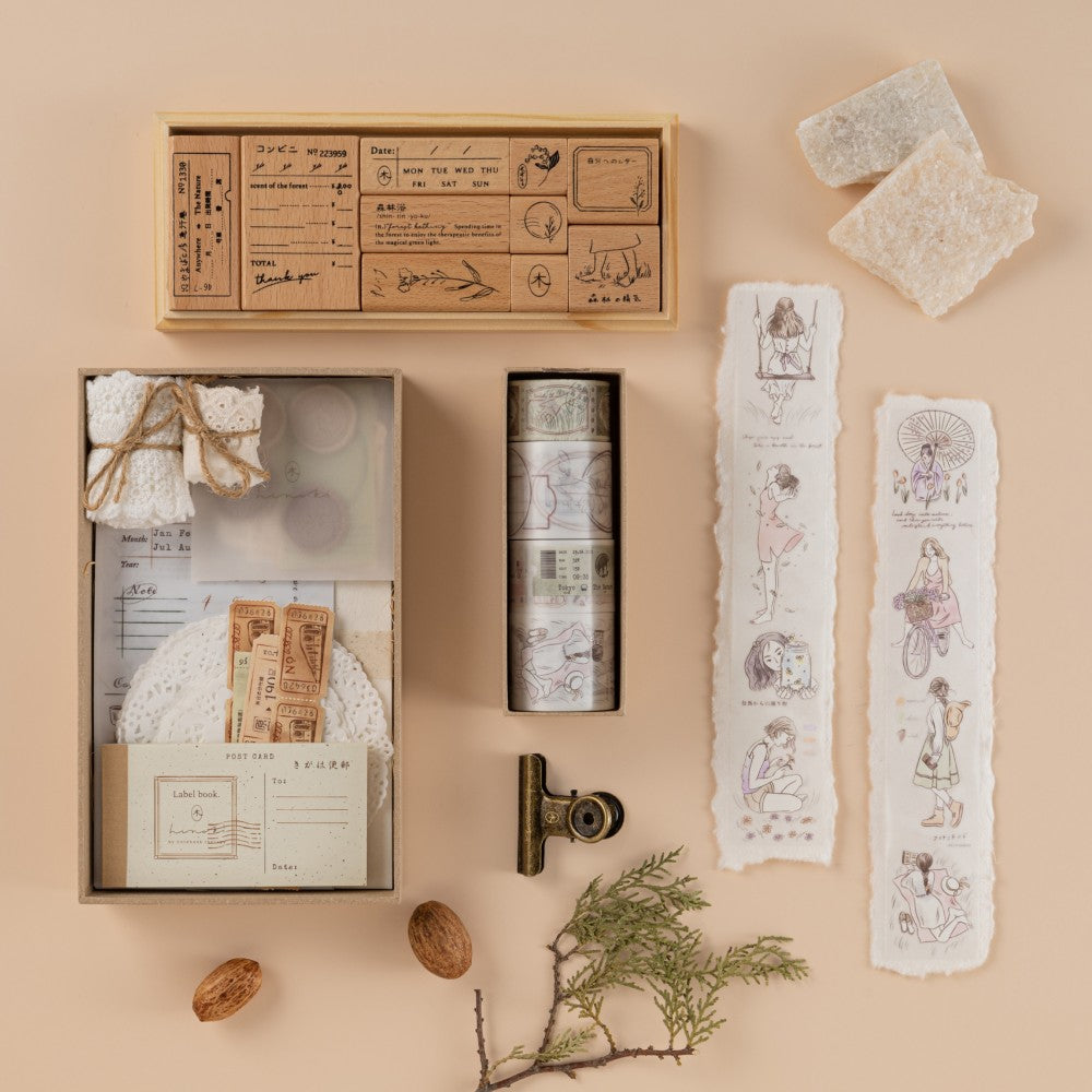 Flatlay of travel notebook and Hinoki into the Forest PET + Washi Tapes