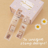 Tsuki Light Academia PET stamp tape roll with text 7x unique stamp designs in white
