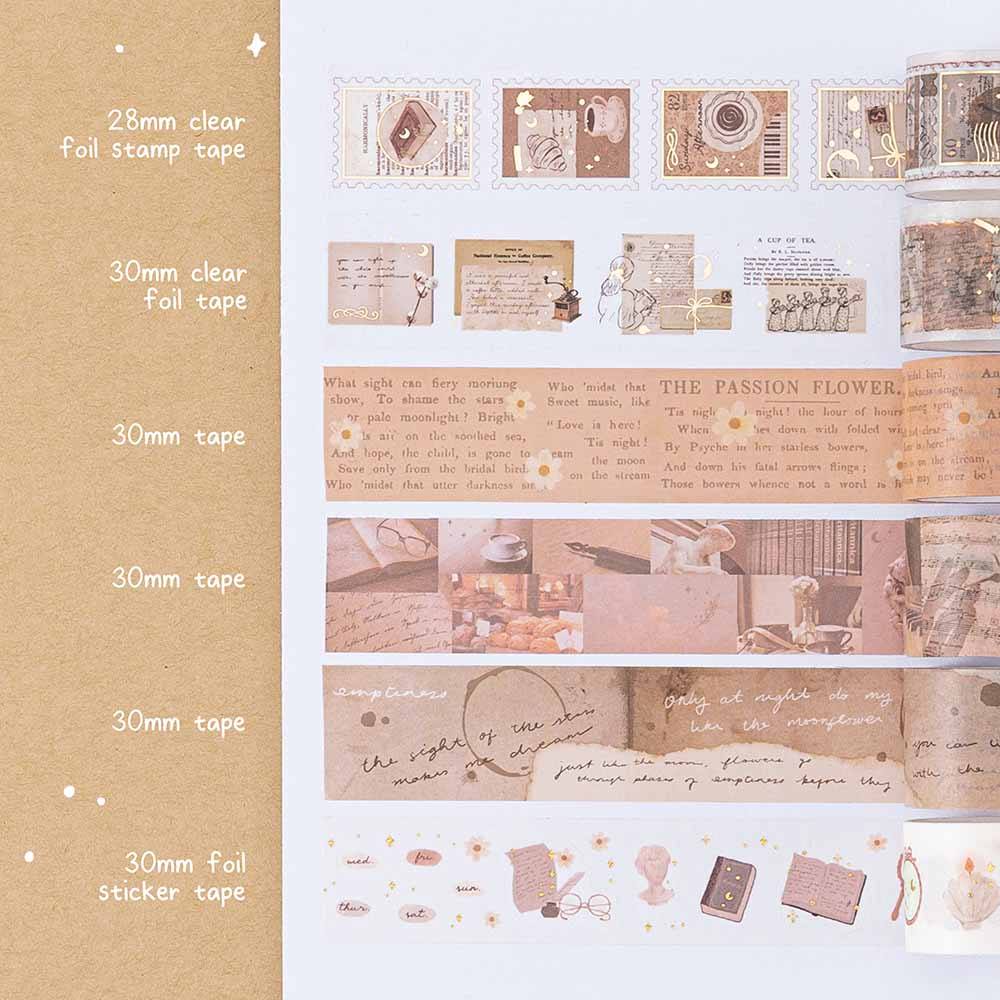 Tsuki Light Academia Washi Tape Set swatch on white page dotted bullet journal