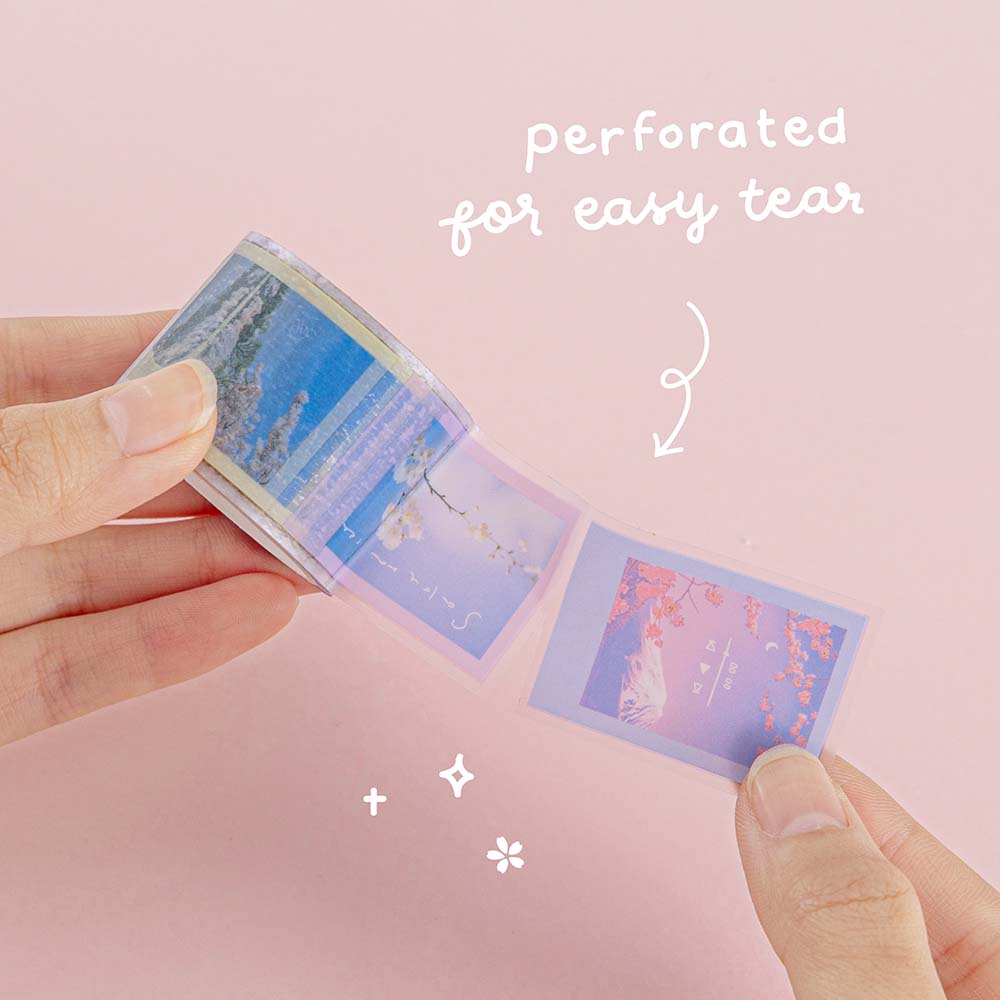 Tsuki ‘Sakura Journey’ Vintage Journal Washi Stamp Tape with perforated edges for easy tear in pink background