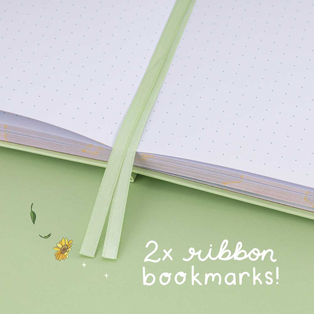 Tsuki Four Seasons Summer Collectors Edition 2022 sage bullet journal notebook opened showing 2x ribbon bookmarks