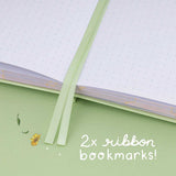 Tsuki Four Seasons Summer Collectors Edition 2022 sage bullet journal notebook opened showing 2x ribbon bookmarks